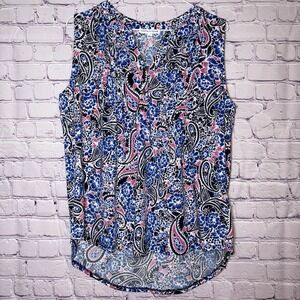 Womens Paisley Blue Pink Sleeveless Floral Hi Low Sleeveless Large V Neck Top